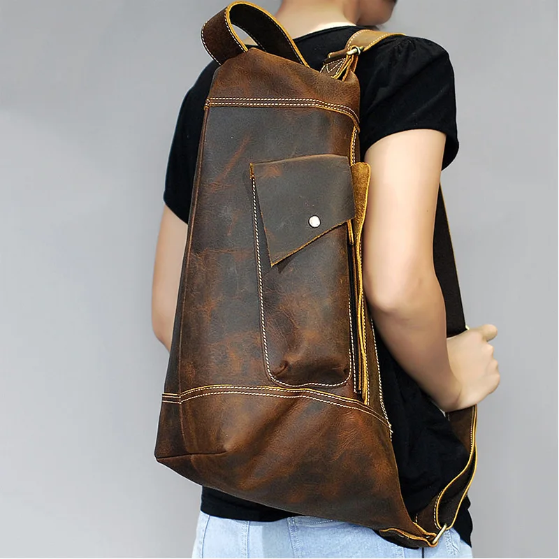 Featured Men's Genuine Leather Backpack Crazy Horse Leather Daypack Travel Bag Male Laptop Bagpack Unique Bagpack Man Chest Bag