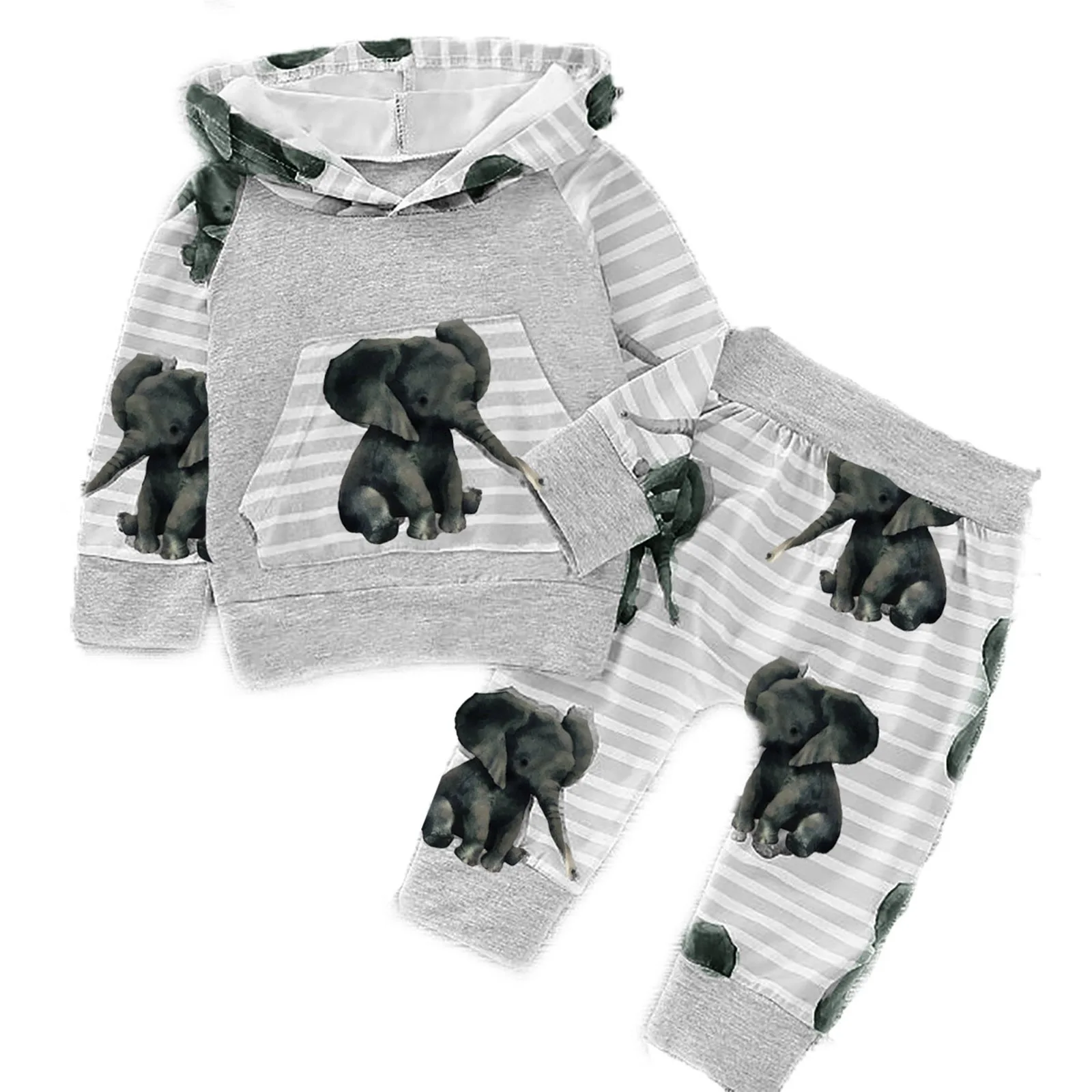 Puseky Winter 2pcs Kids Baby Elephant Print Long Sleeve Hooded Sweatshirt Tops With Pants Trousers Set 0-18M Newborn Tracksuits |