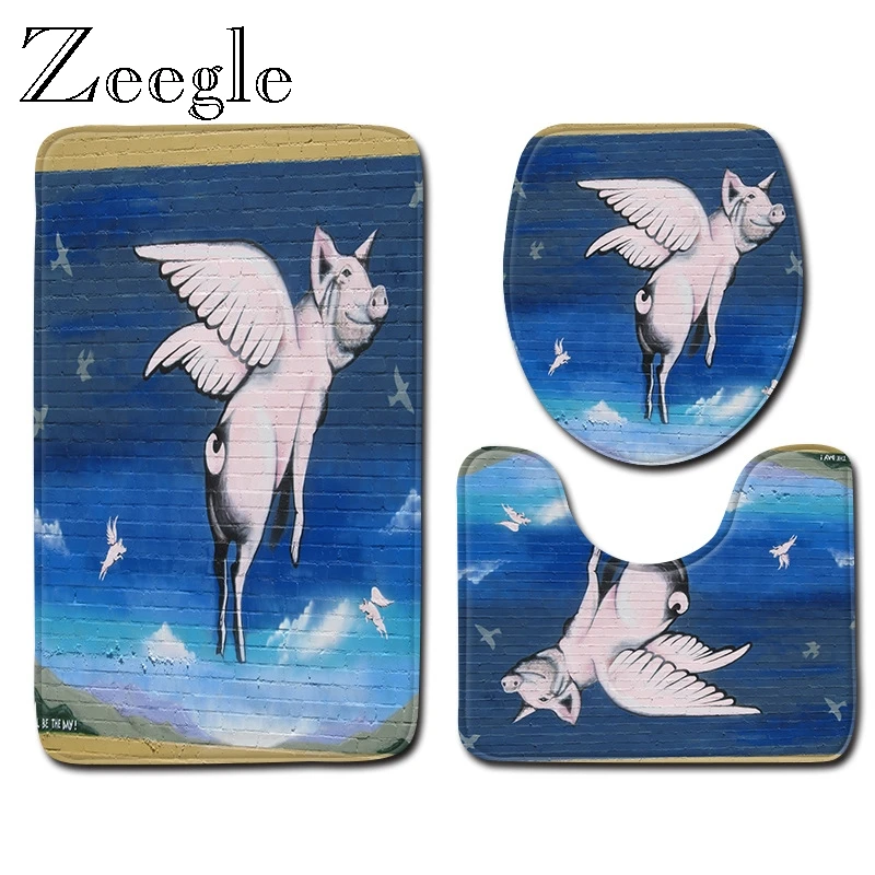 Zeegle Printed Cartoon Bath Mat Set Bathroom Anti-slip Floor Rug Pedestal Rug Lid Toilet Cover Water Absorption Soft Foot Rug