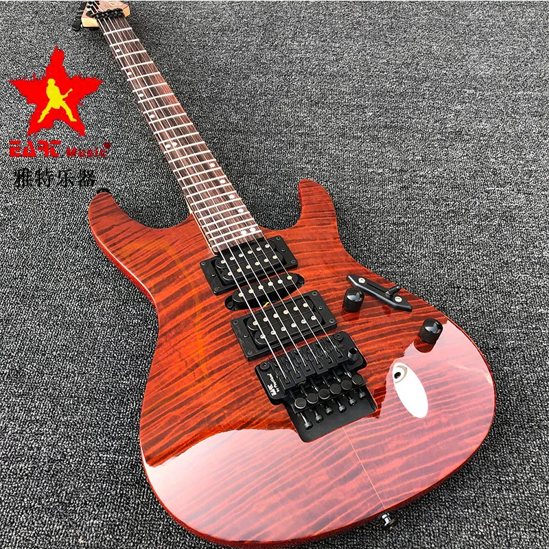 Электрическая гитара EART прозрачная красная краска кленовый шпон с принтом тигра