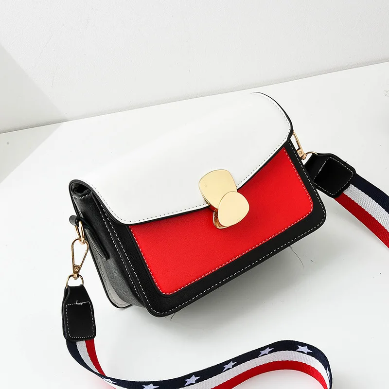 

Wide-Strap Contrast Color Square Sling Bag Korean-style Geometry Fashion Bag New Style WOMEN'S Bag Messenger Bag
