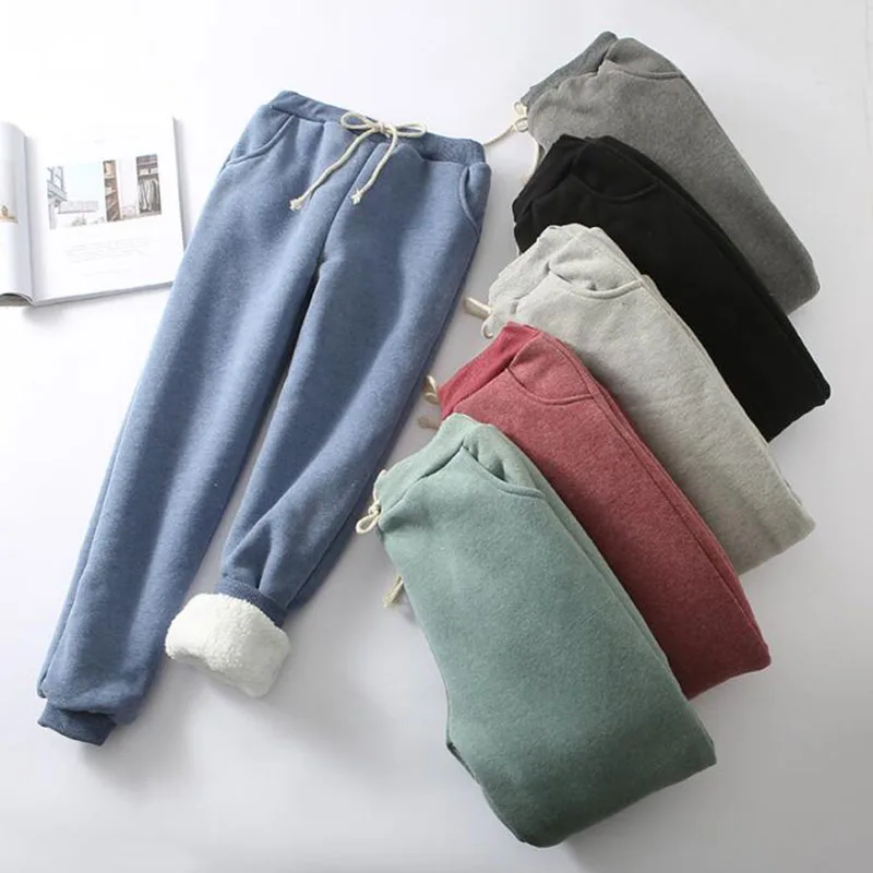 

Winter cashmere Thick Warm Pants Elastic Waist Harem Pants Solid Loose Plus size Cotton Sweatpants 2019 Women Casual Trousers