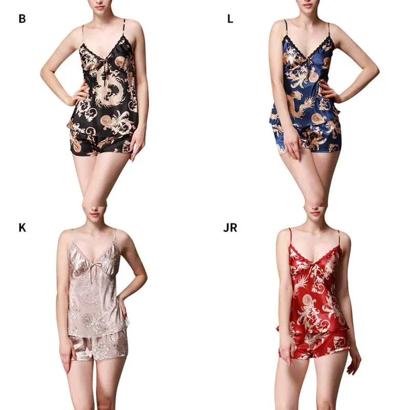 Women Summer Sling Pajamas Set Short Sexy Loose Silk Print Strap Shorts Home Service