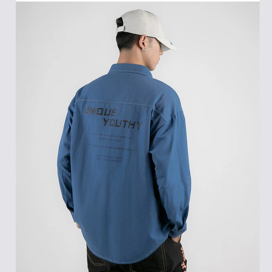 Мужская рубашка, новинка, быстрая мода, осень, весна, chemise homme, повседневная, большой размер, длинный рукав, с принтом, рубашка для мужчин - Цвет: Синий
