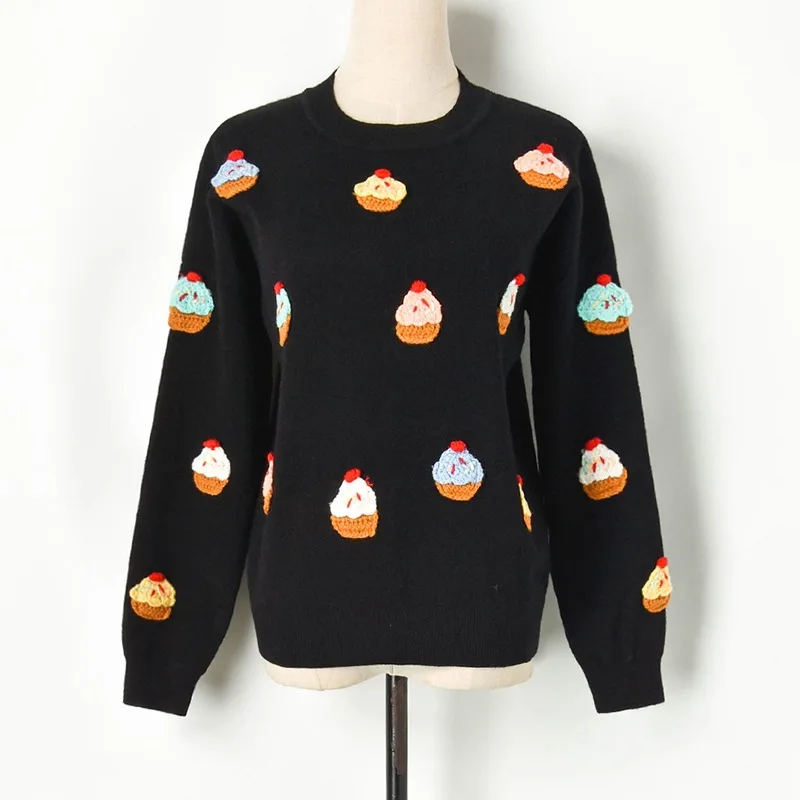 

Autumn 2019 fashion new sweater women korean 3D hand Cake o-neck long sleeve knitted pullover Loose White jumper knitwear top