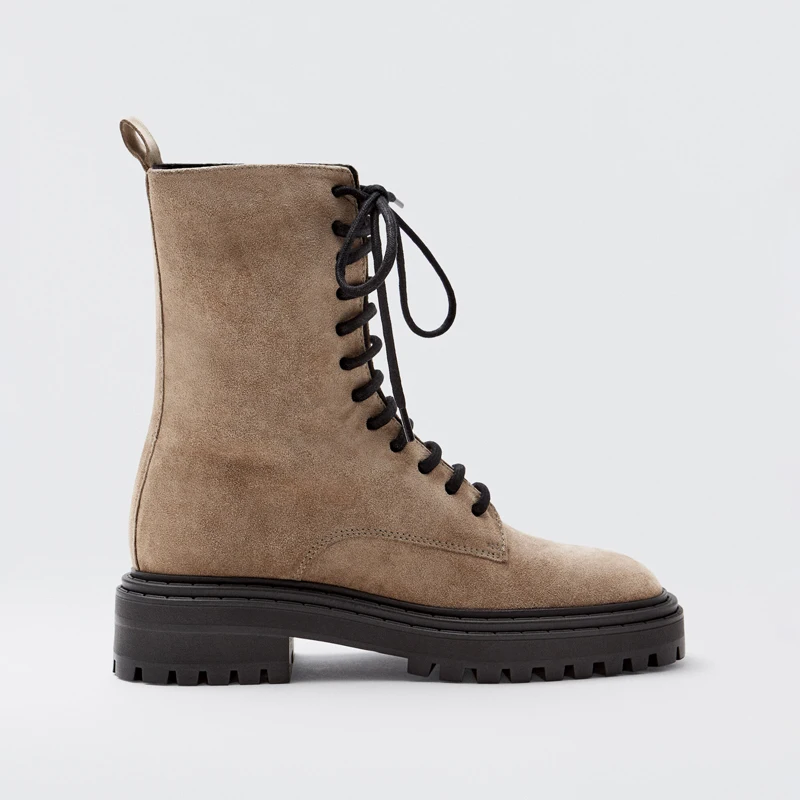 British Style Handsome Motorcycle Boots Thick Bottom Flat Platform Short Boots Lace-up Mid-calf Boot Khaki Suede Leisure Shoes