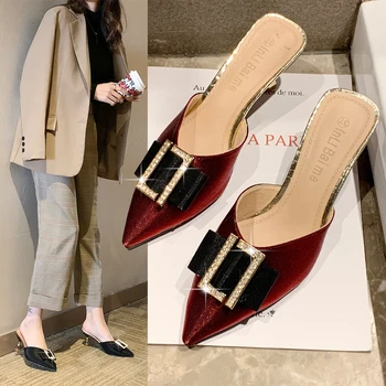

Women Slippers Summer Transparent Spike High Heels Mules Slippers Patent Leather Metal Buckle Pointed Toe Ladies Shoes Footwear