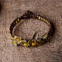 Этнический браслет для женщин, очаровательный браслет, медный цветок, желтый камень, бусинки-колокольчики, цепочка, винтажное ювелирное изделие, мода