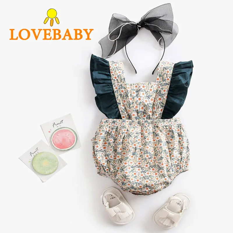 

2019 Baby Girls Clothes Organic Cotton Spring Summer New Kids Ruffle Romper Jumpsuit Headband Flower Playsuit For Newborn-36M