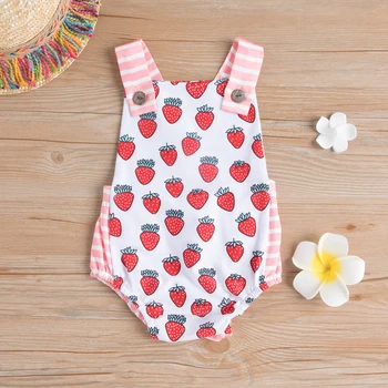 

PatPat Baby Strawberry Print Striped Overalls Bodysuit Button Closure Summer Cotton Casual Party Printing Sling Romper
