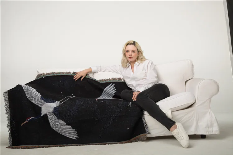 Ukiyo-e Белый журавль диван бросок черная швейная накидка на Мебель Настенный Гобелен кровать для отдыха чехол Ретро летающая птица вязаный бросок