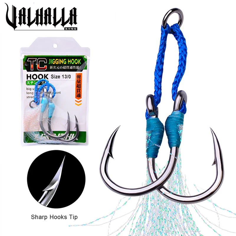 

VALHALLA 50Pack Fishing Hook 1/0-3/0-5/0-7/0-9/0-11/0-13/0# Jig Hook Slow Jigging Barbed Assist Hooks With Thread Feather Pesca