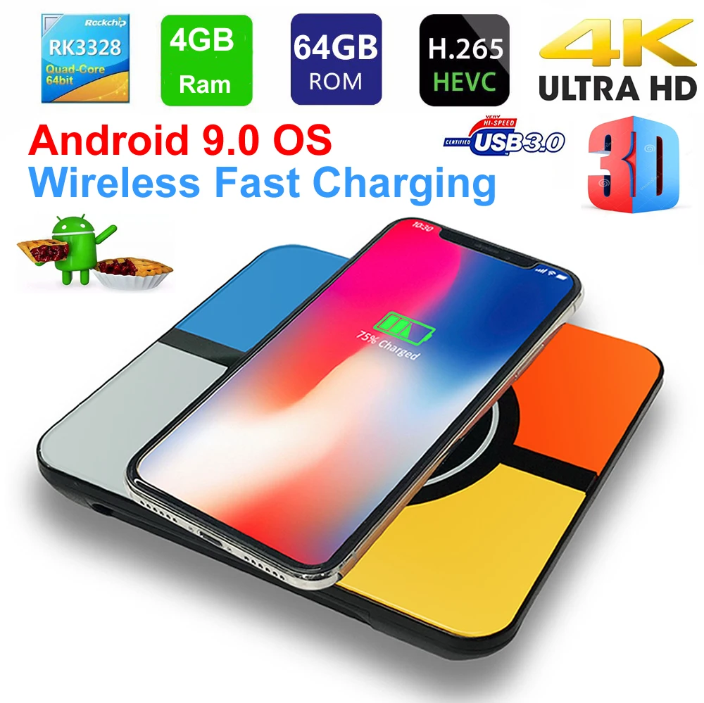 

S10 Plus Smart TV Box Wireless Fast Charging Android 9.0 RK3328 Quad core 4GB+64GB Wifi 4K H.265 USB3.0 Smart TV Set top Box