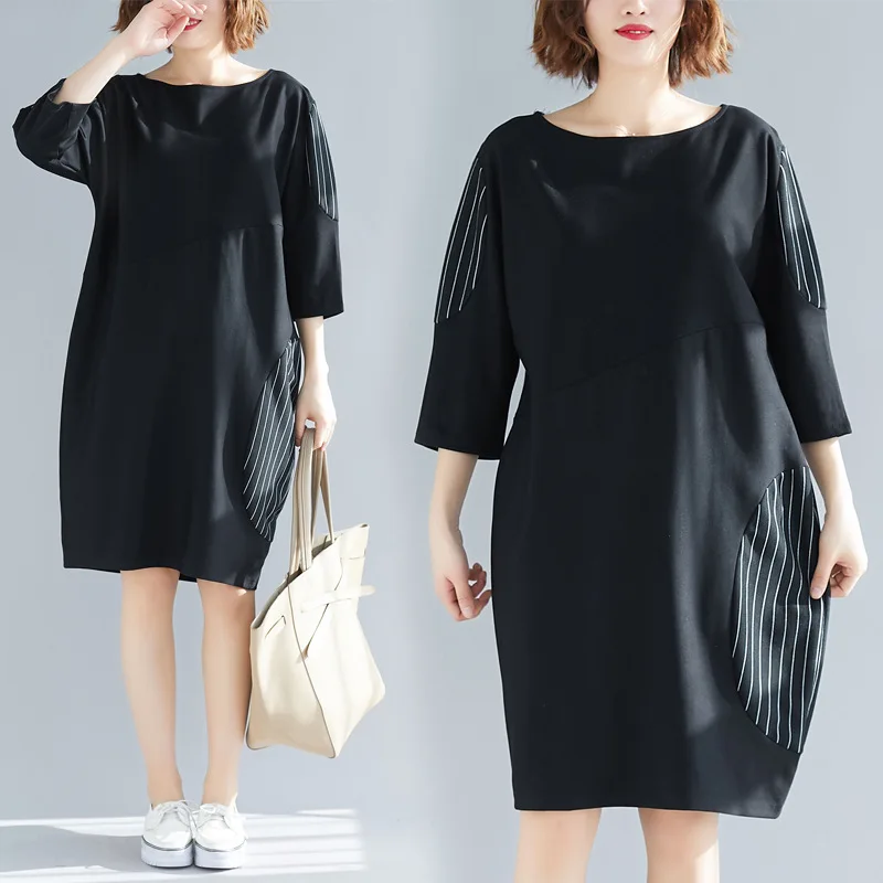 

2019 Spring Clothing New Style Literature And Art Loose-Fit Color Block Panel Versatile Dress