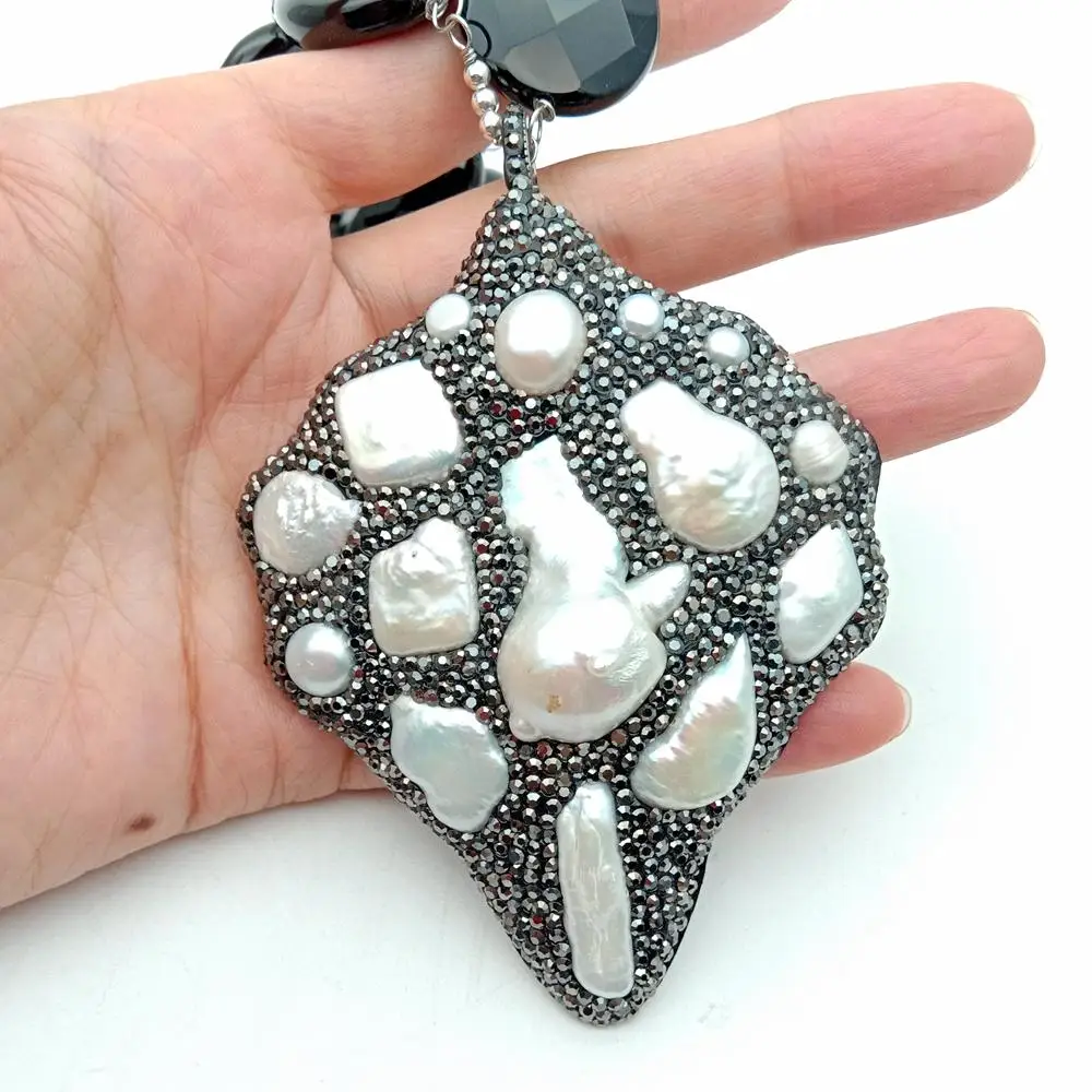YYGEM Natural Teardrop Onyx White Keshi Pearl 67x87MM Cz Pave Pearl 