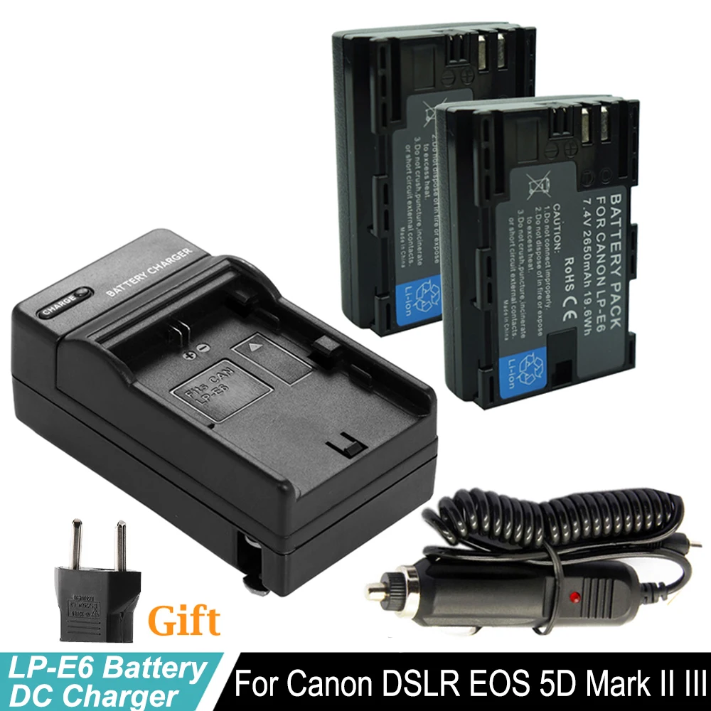 2x2650 мАч Батарея LP-E6 для Canon LPE6 LP-E6N LPE6N цифровой Камера машины Зарядное устройство для EOS 5D Mark II 2 3 III 6D 7D 7DSV 60D