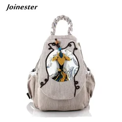 Cotton Linen Backpacks for Girls Knitted Handle Ethnic Rucksacks Female Casual Travel Bag Vintage Appliques Schoolbag