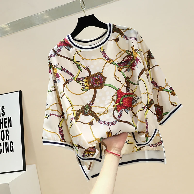 

Half Sleeve Blouse for Women Spring Summer New Retro Loose and Plus-sized Printing Shirt Round Neck Chiffon Shirt Ladies Blouse