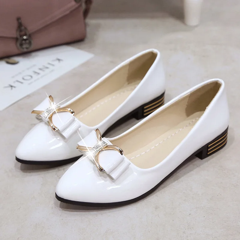 Spring And Autumn New Style Flat Pointed Man-made Diamond Bow Versatile WOMEN'S Shoes Slanted Heel Shoes for Four Seasons W