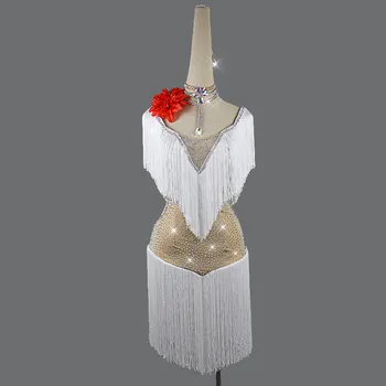 

New 2019 Latin dance dress children's ladies performance dress performance dress group white tassel dress shiny sexy diamond