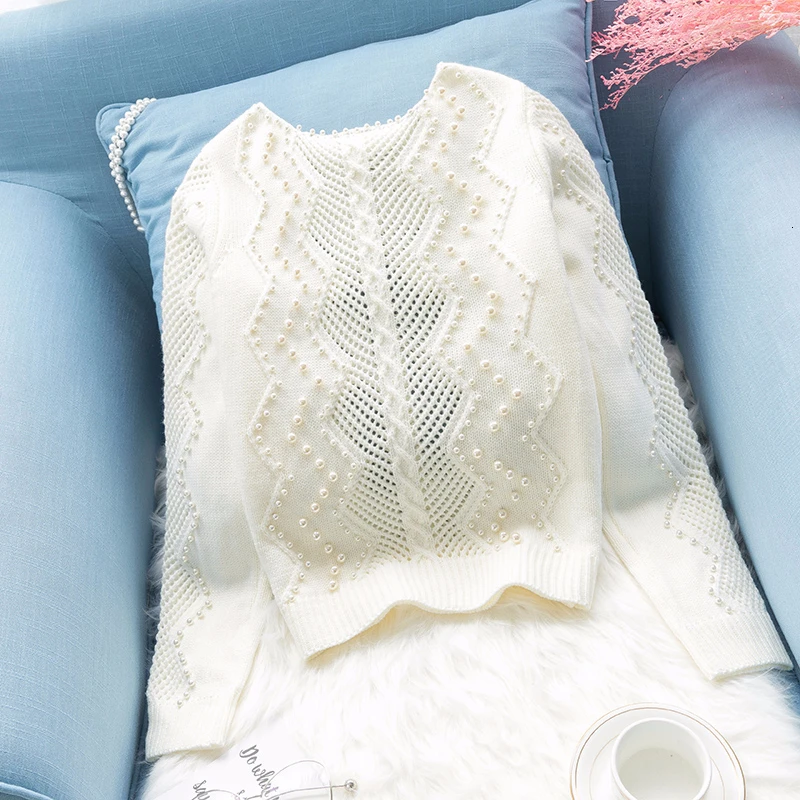 Günstig Perlen perlen weiß pullover frauen gestrickte aushöhlen Pullover lose faul pullover grundlegende tops 2019 herbst und winter neue ankunft