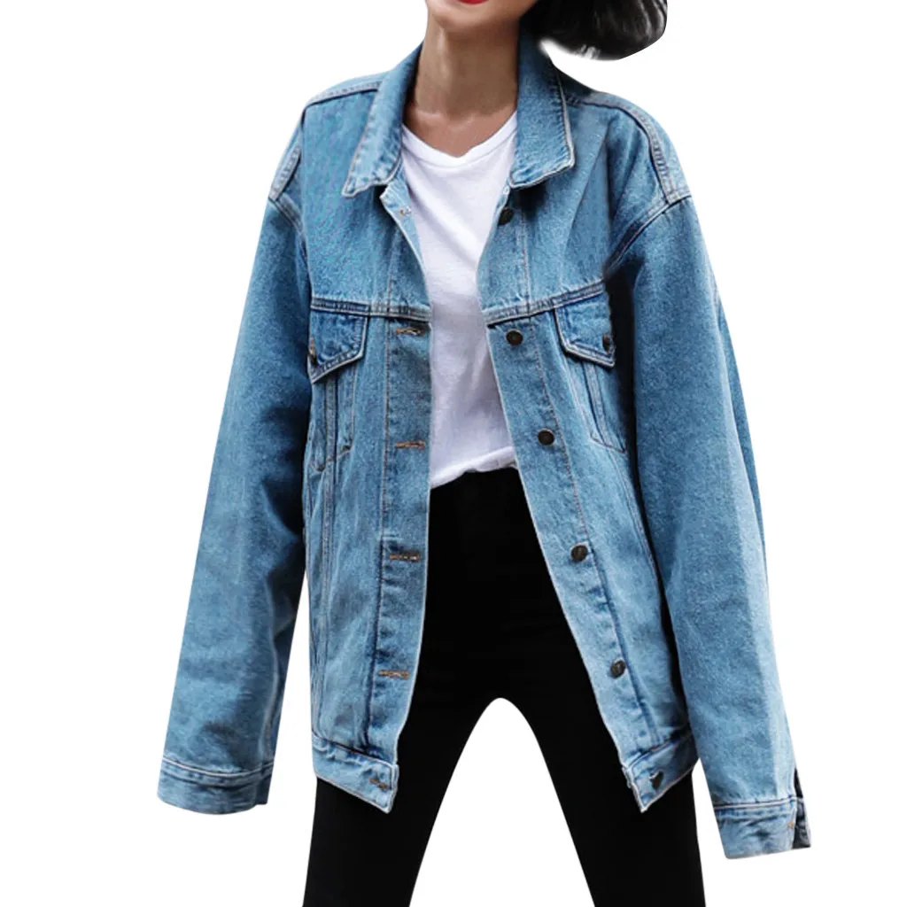 Sky Blue Women Plus Size Denim Jacket Loose Long Sleeve Jeans Coat Retro Cowboy Denim Loose Casual Jacket Loose BF Wind Denim Jacket - Цвет: Sky Blue