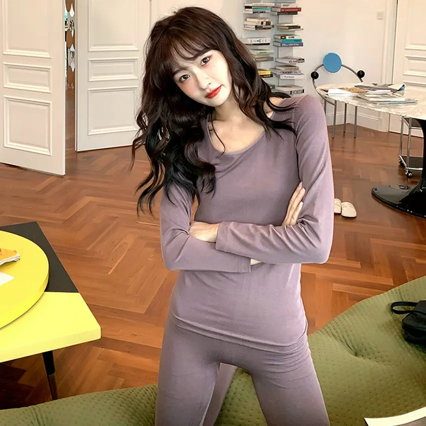 Комплект термобелья женская зимняя одежда теплый топ и штаны костюм из двух предметов однотонные