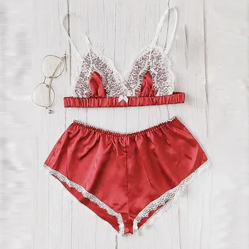 

2020 Pajamas For Women Summer Sexy Silk Lace Splic Stain Lingerie Bowknot Set Pajamas Bra+Shorts Sleepwear pijama feminino K56