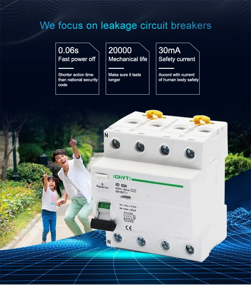 Interruptor de Segurança Diferencial do Disjuntor do Dispositivo Residual de C.a. Atual 380v 400v 4p 63a 30ma Rcd 4 Cheap Disjuntores