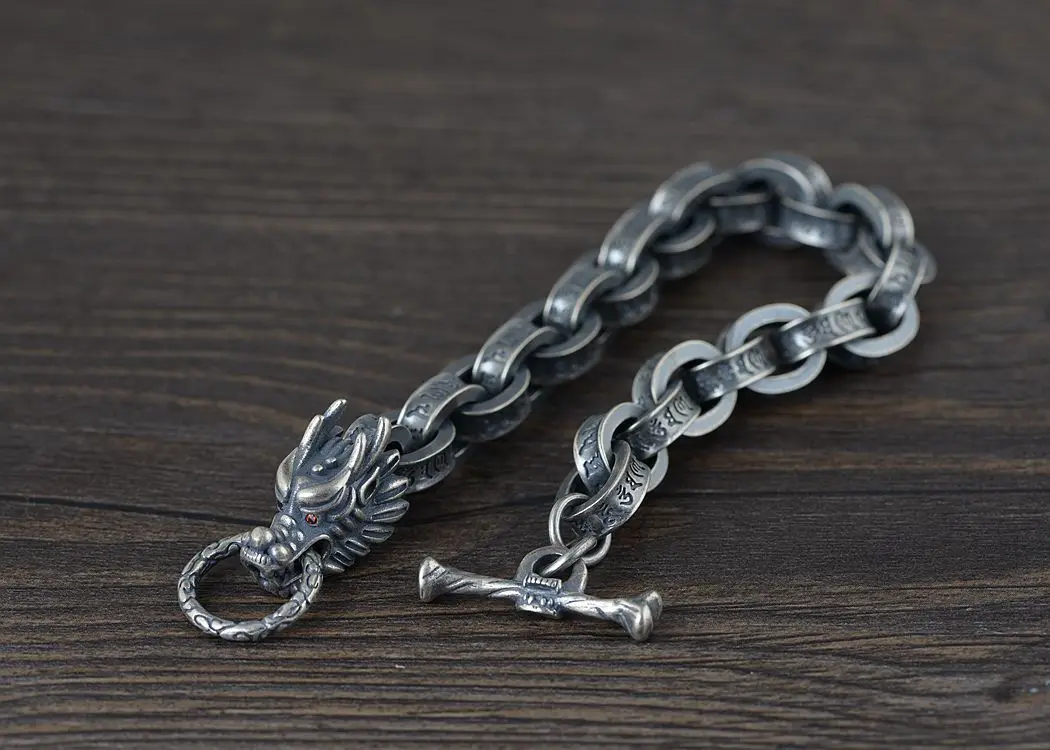 2021 New 100% ture Solid S925 silver antique Thai silver bracelet for Man six-word mantra leading silver bracelet men's bracelet