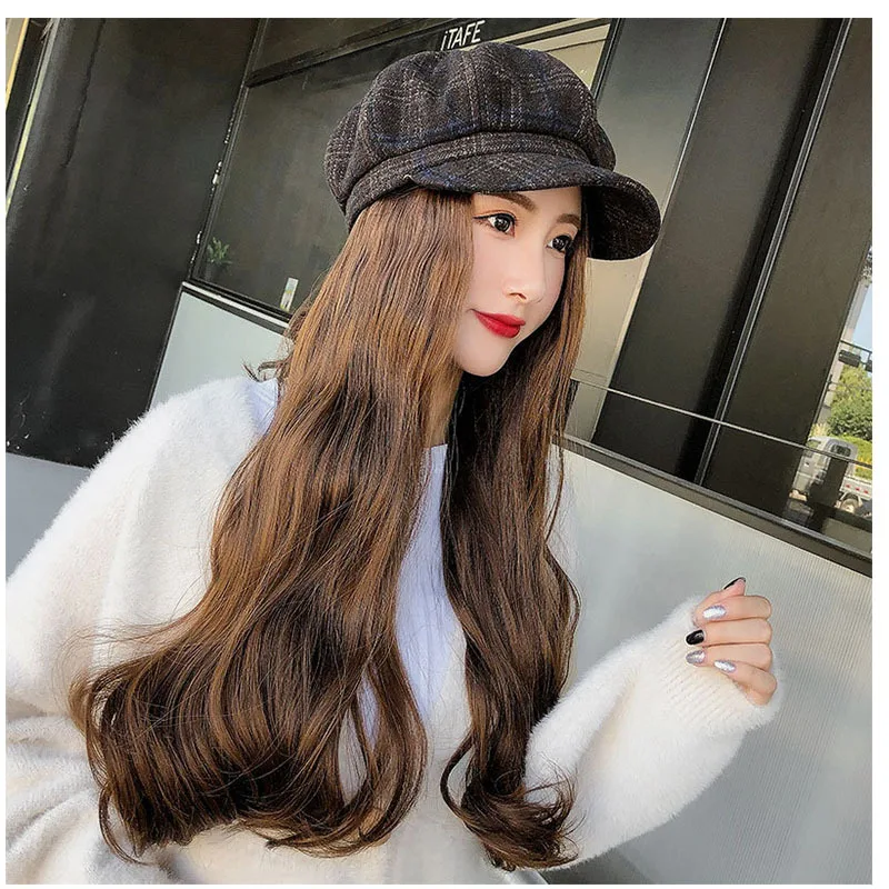 New Women Long Hair Hat Female Autumn Winter Fashion Caramel Color Retro Grid Beret Hat with Wave Wig For Lady Girls F35705AD