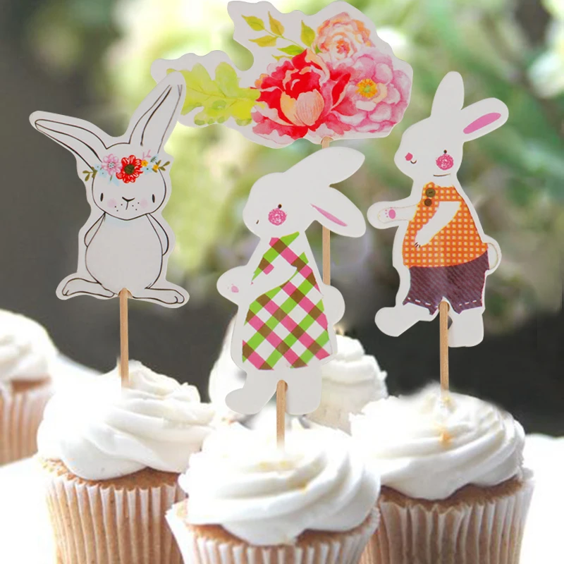 

Easter Decoration 24pcs Rabbit Flowers Cake Topper Easter Decor for Home Cute bunny Cupcake Cake Toppes Easter Party Supplies