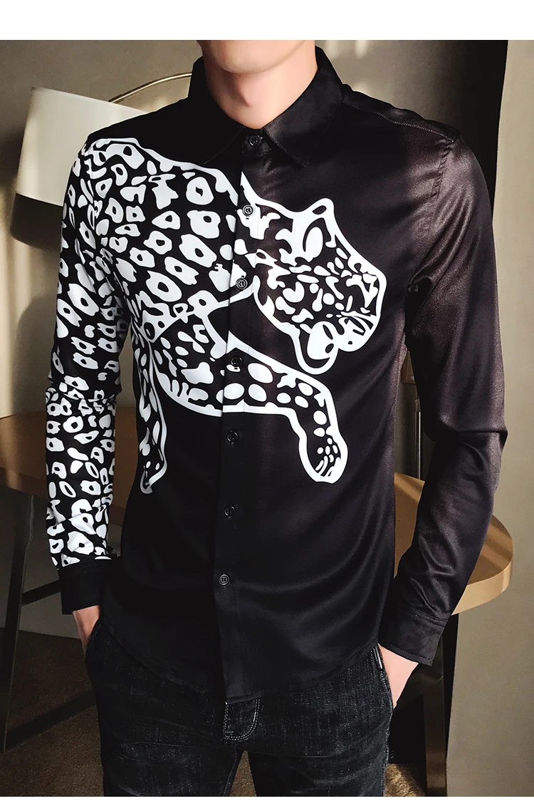 Модная винтажная рубашка с принтом животных MenCamisa Masculina Slim Fit для клубной вечеринки, выпускного вечера, мужская рубашка с принтом Chemise Homme