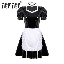 Сексуальный женский взрослый Французский костюм горничной для косплея наряд с квадратным вырезом с пышными рукавами ТРАПЕЦИЕВИДНОЕ ПЛАТЬЕ из лакированной кожи с фартуком и повязкой на голову
