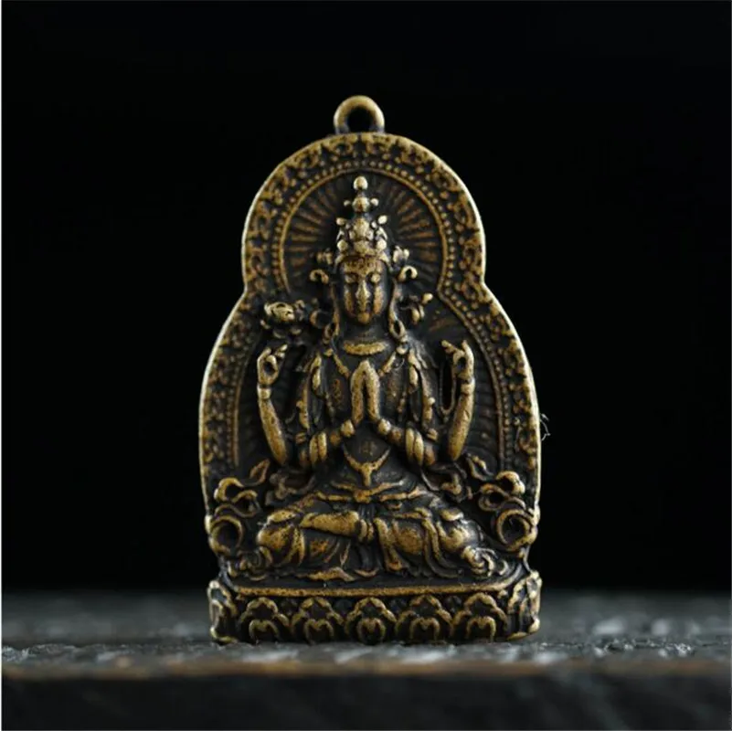 Медная статуя китайская фотостатуя Гуаньинь 4 руки амулет подвеска | Дом и сад