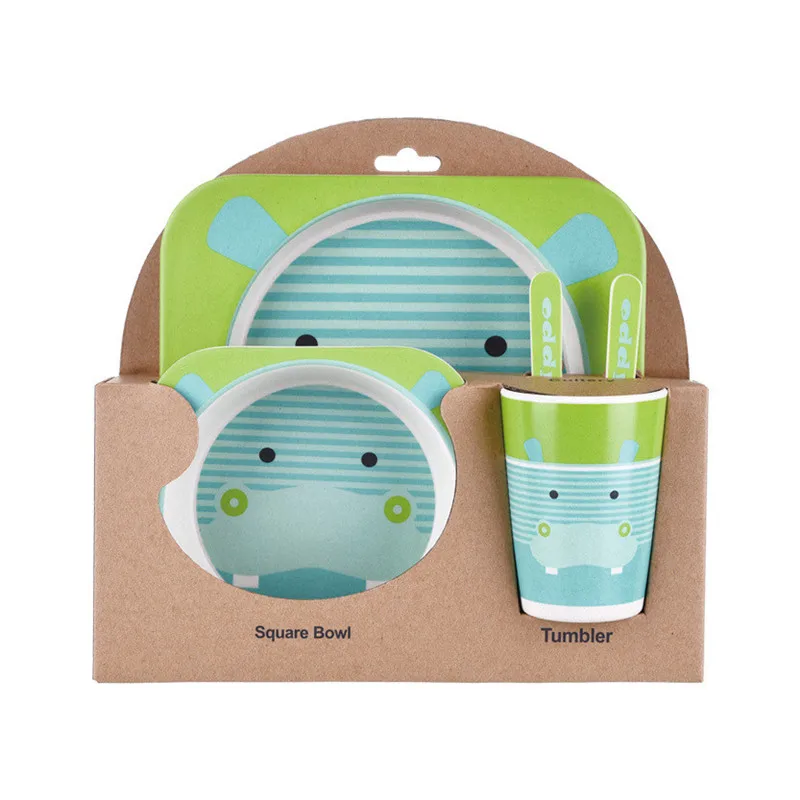 6Green Hippo 5 шт./компл. Детские тарелка посуда с изображением мультипликационных персонажей для детей, посуда для кормления c изображением животных, из детская натурального бамбукового волокна посуда с чаша Вилка чашка Ложка пластина - Цвет: 6Green Hippo