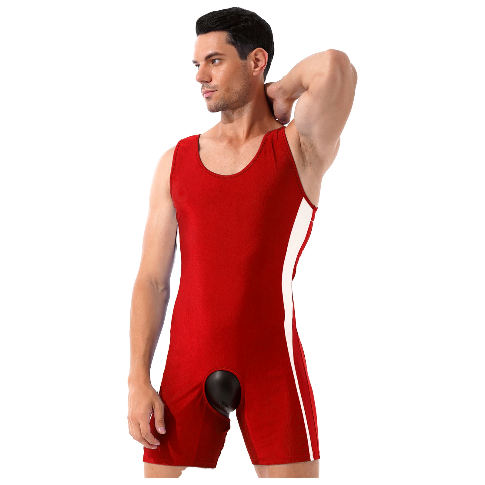 Men Crotchless Open Butt Bodysuit Jumpsuit Sleepwear Color Block Sleeveless U Neck Hollow Out Teddies Nightwear