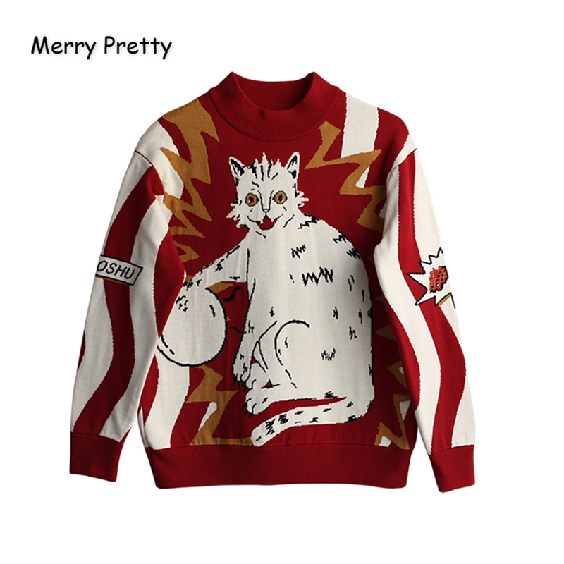 MERRY PRETTY для женщин мультфильм кошка вышивка вязаные свитера и пуловеры зима толстые девушки вязать Jumpe свитер Харадзюку жаккард