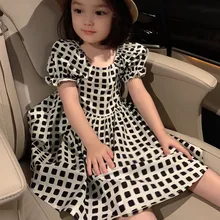 Robe d'été à carreaux pour filles, petite robe de princesse fraîche à manches courtes, vêtements pour enfants, 2021