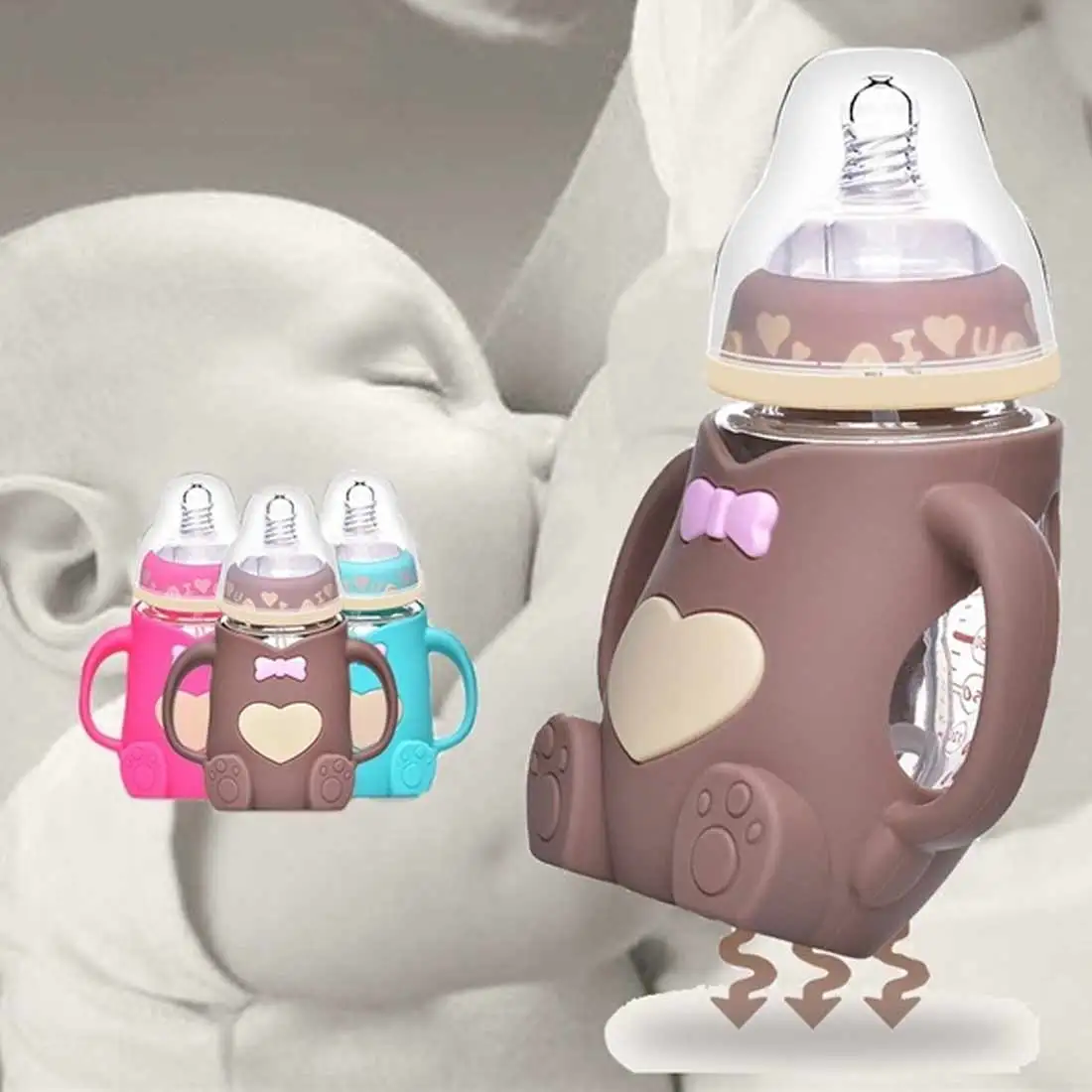 Милый, для новорожденных и малышей кормления Стекло бутылка силикон, безопасный для ребенка молочная бутылка с ручкой мягкий рот новорожденных Пейте обучение бутылочка для кормления