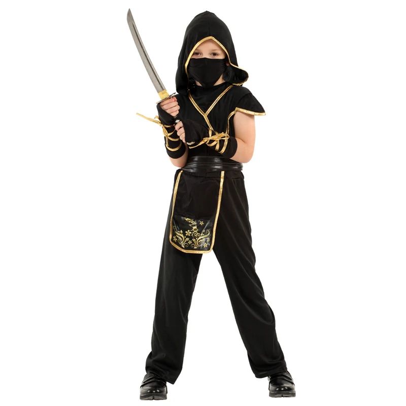 Kids Child Japan Samurai Black Gold Ninja Boy Costume Cosplay for Boys Carnival Purim Halloween Costumes Fancy Dress Umorden
