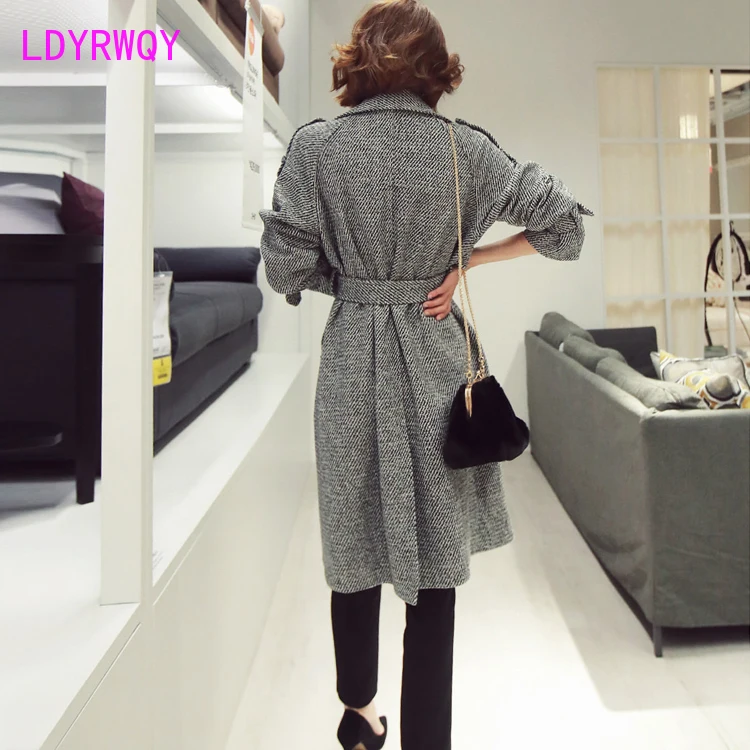 2019 autumn and winter new Korean version of the woolen houndstooth long section slim slimming fashion temperament coat jacket