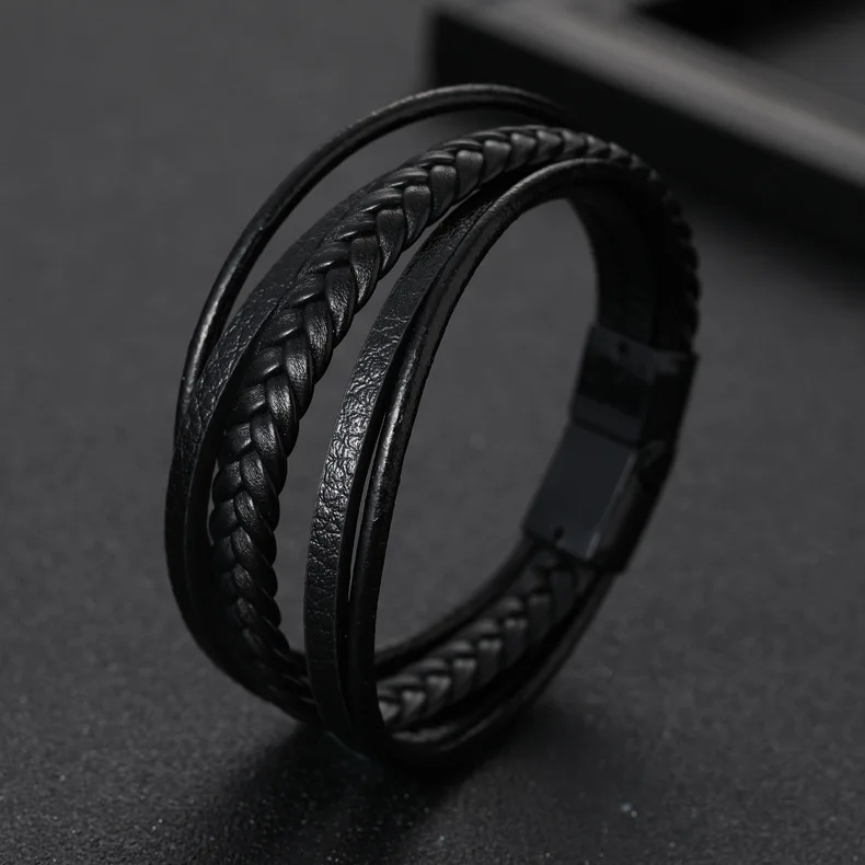Black B Плетеный браслет из натуральной кожи для мужчин, мужской браслет из нержавеющей стали, магнитный браслет с застежкой, многослойное ювелирное изделие ручной работы - Окраска металла: Black B