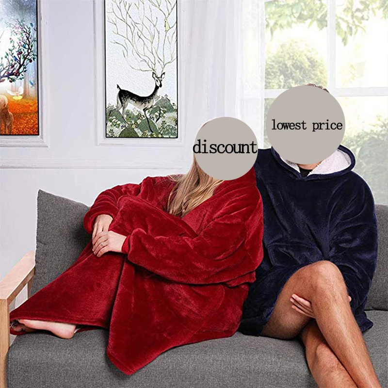 Утолщенное полиэфирное карманное одеяло с капюшоном супер мягкое зимнее теплое уличное карманное пальто с капюшоном для взрослых зимнее одеяло с капюшоном для телевизора Халат - Цвет: For Couple(Blue-Red)
