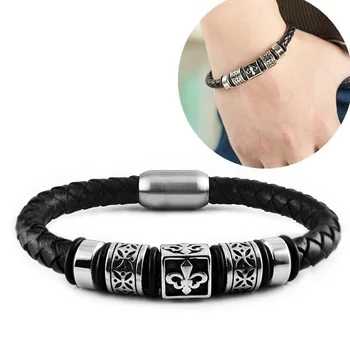 

New Genuine leather bracelet, first layer leather bracelet punk personality Stainless Steel Charm Bracelet For Men Hand jewelry