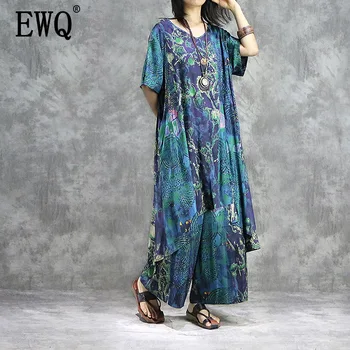 

[EWQ] 2020 Summer Fashion O- Collar Short Sleeve Print Dress Women Elastic Waist Ankle Length Pants Vintage Two Piece Set AF037