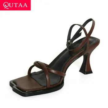 

QUTAA 2020 Hoof High Heel Women Shoes Slingback Summer Buckle Sandals Open-toed Quality Cow Leather Ladies Pumps Size 34-39