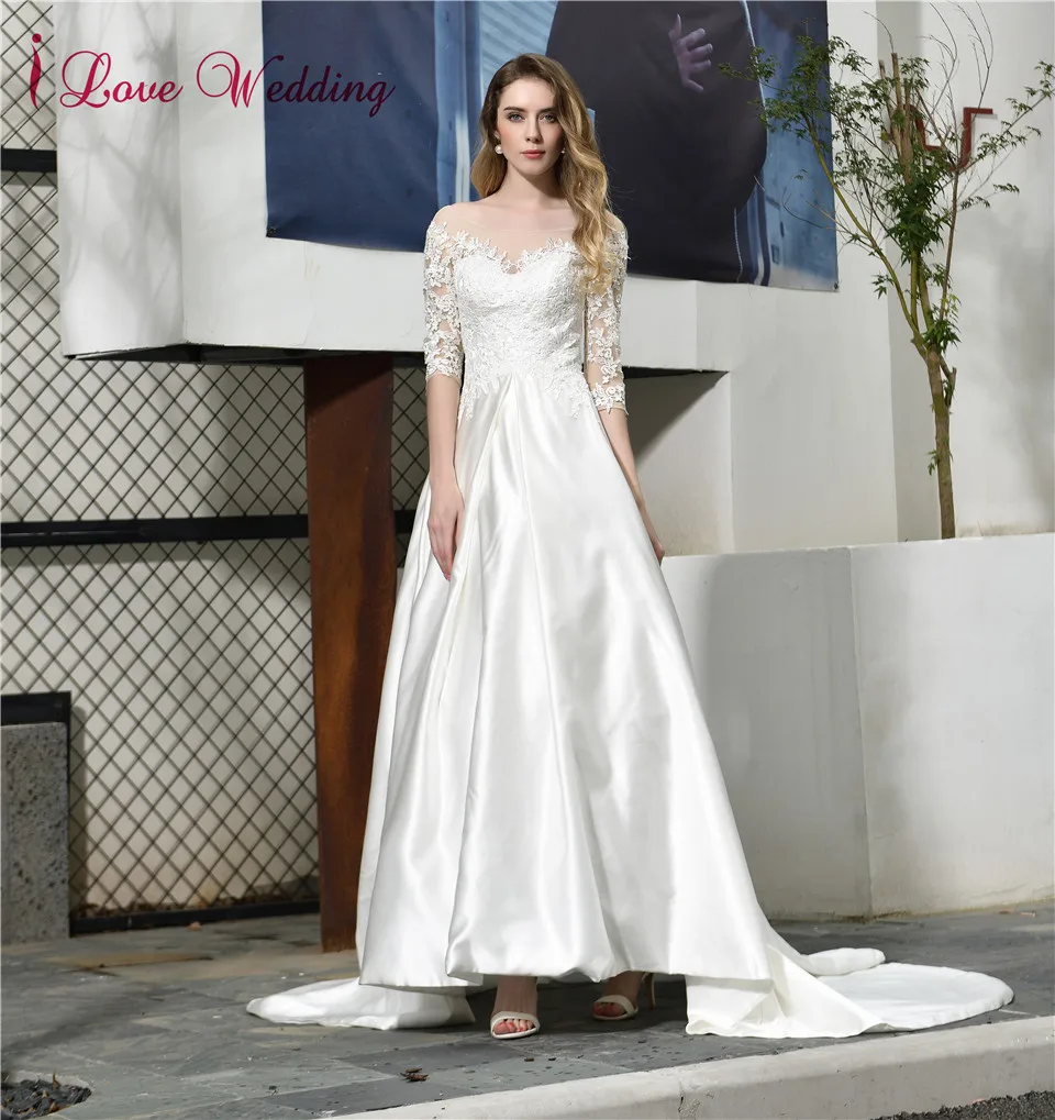 Vestido De novia Половина рукава невесты платье на заказ с аппликацией из кружева атласный суд Поезд Линия Свадебные платья