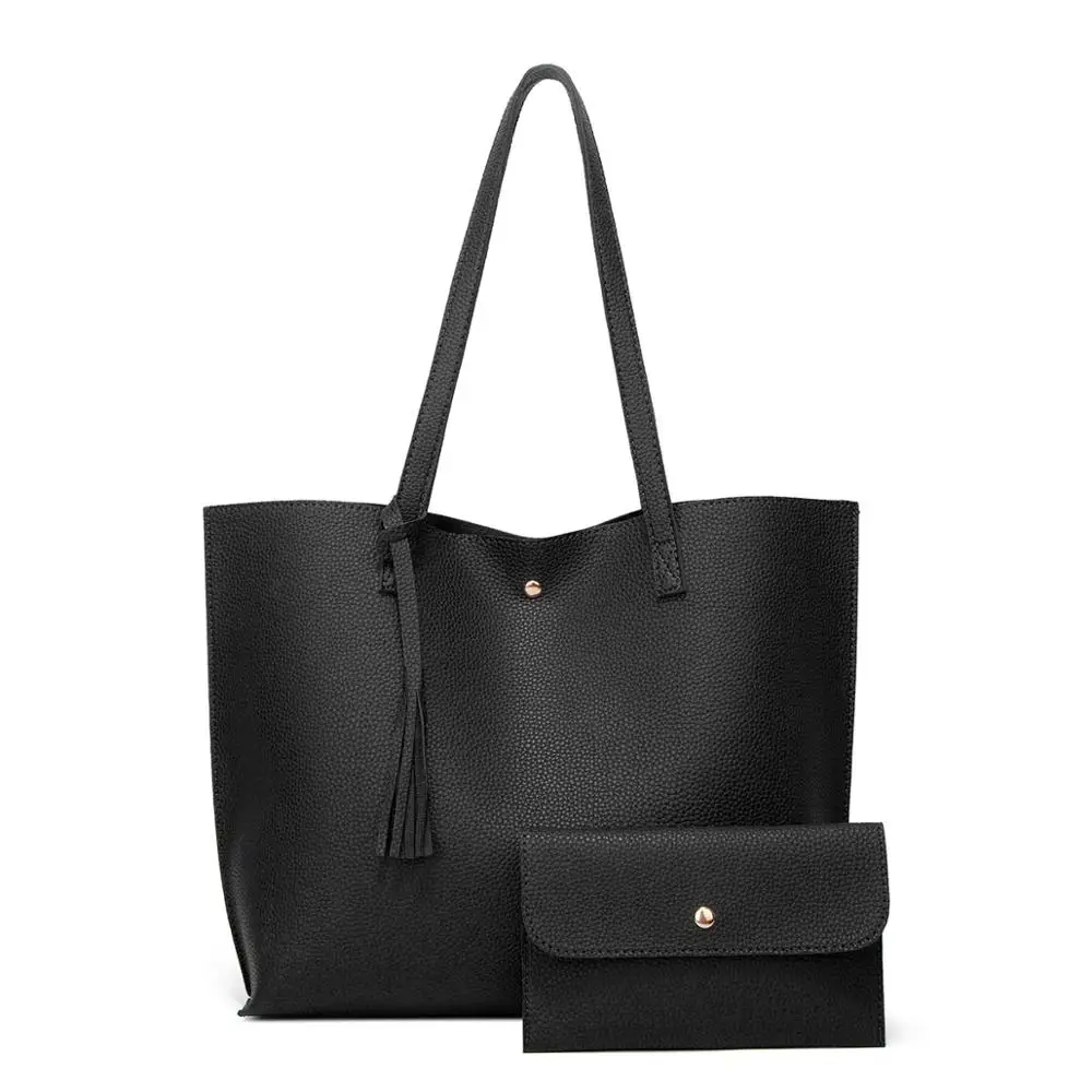 Женская мягкая кожаная сумка Большая вместительная сумка с кисточками сумки на плечо модные сумки композитные женские сумки дорожные сумки - Цвет: Черный