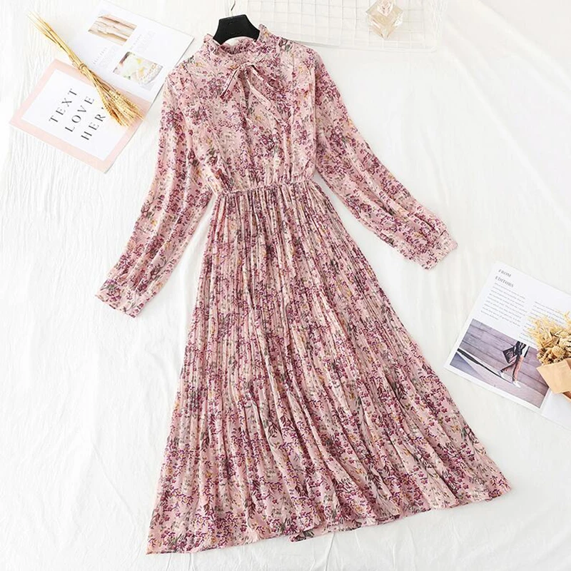 

Elegant Print Women Dress Female Casual Flare Sleeve Office Chiffon Floral Dresses A-line Vintage Sweet Clothing Vestidos